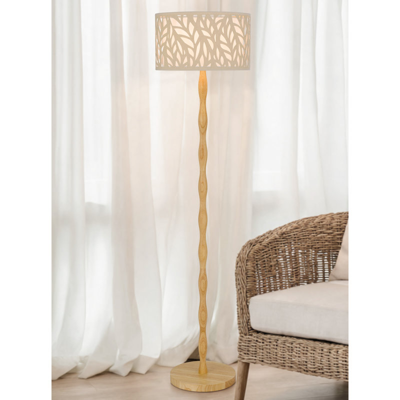 Lampe sur pied en bois de 60 po de hauteur avec finition chêne clair et abat-jour cylindrique en métal / tissu