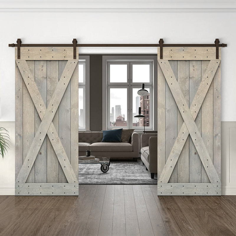 Porte de grange en bois massif lambrissé et métal, Gris fumée, 44 po x 84 po