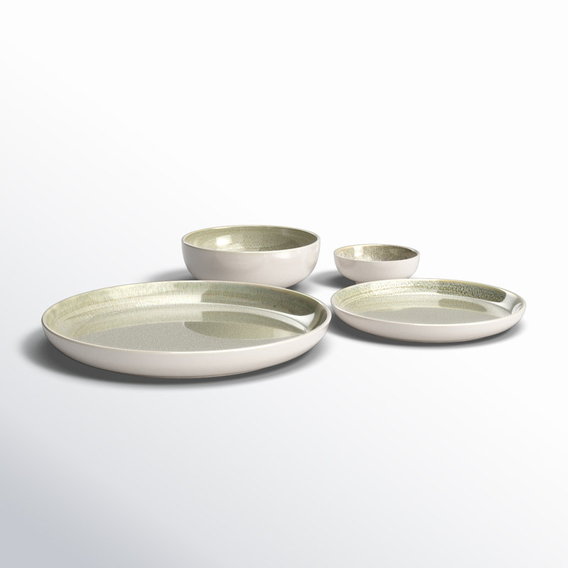 Sango Resona 16-Piece Stoneware Dinnerware Set - Service For 4, Plate And Bowl Set, Moss Green/Cream