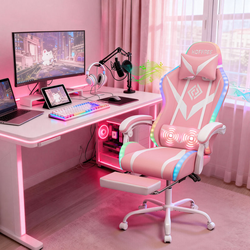 Hoffree Massage Ergonomic Gaming Chair with Bluetooth Speakers and RGB LED Lights, Pink/White