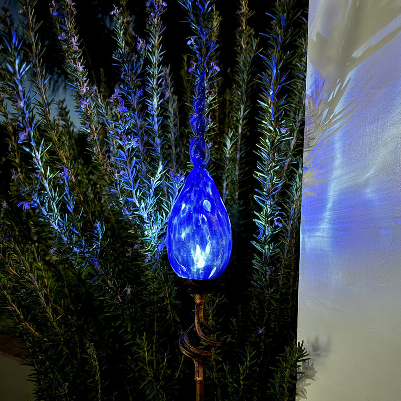 Blue Hand Blown Glass Flame Garden Stake with Metal Finial