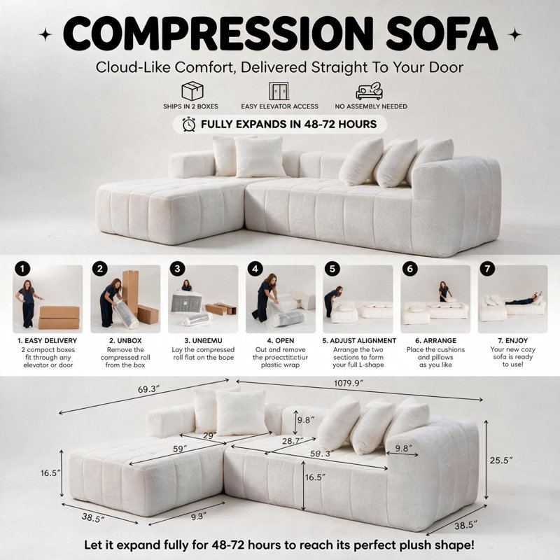 107.9" Cloud Modular Sectional Sofa with L-Shaped Chaise, White