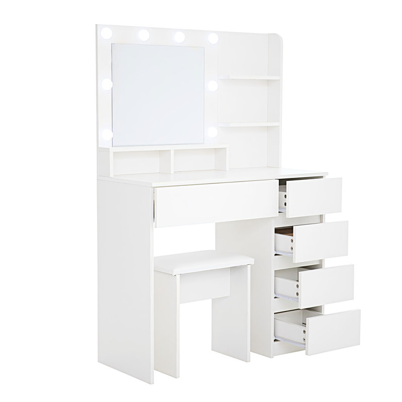 Vanity Desk With Mirror & , 2 Ports, Extra Deep Drawers, White Modern Makeup Power Strip, Plug Sockets,