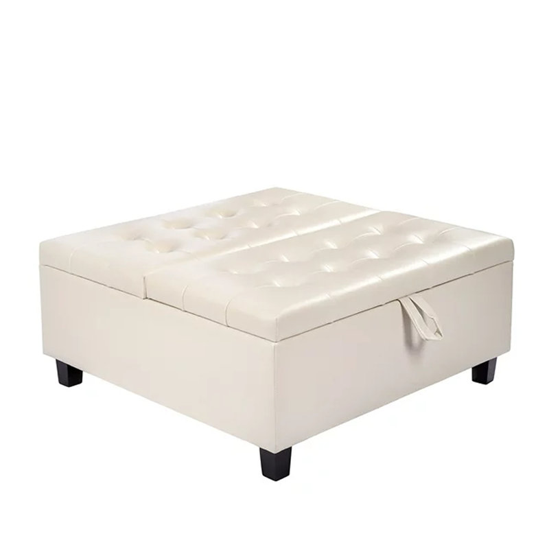 Ciara 35.43" Wide Button Tufted Square Storage Ottoman Upholstered Lift Top Large Ottoman Coffee Table, Cream Faux Leather
