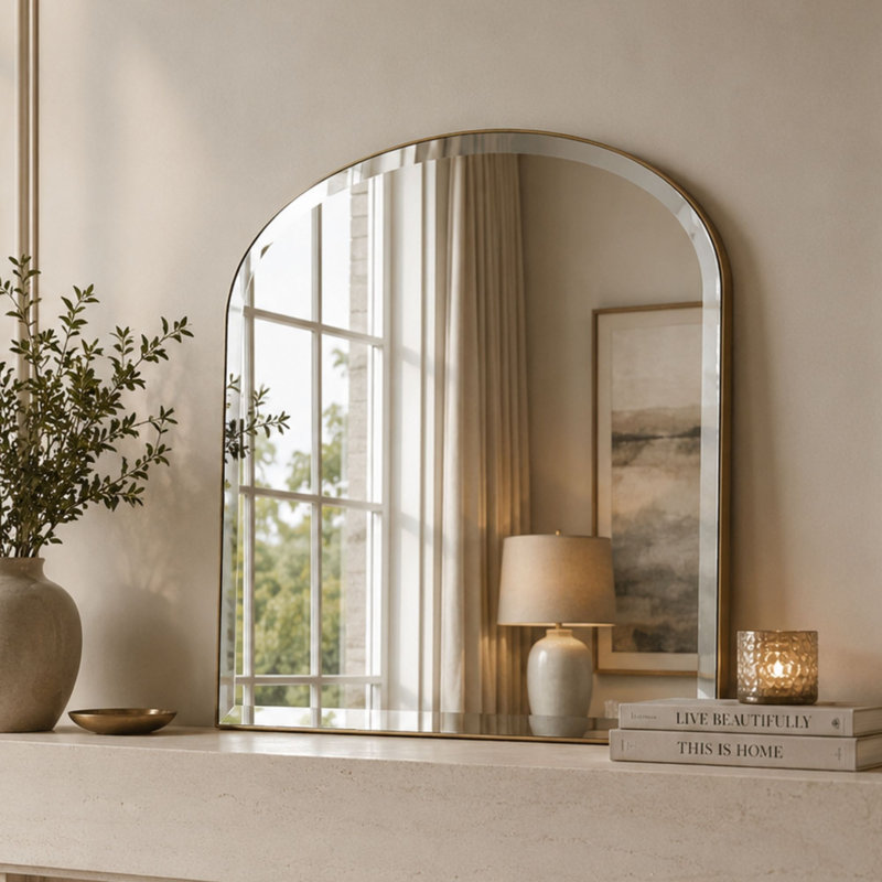 Arch Fernbush Wood Framed Curved Overmantle Mirror, Matt Gold