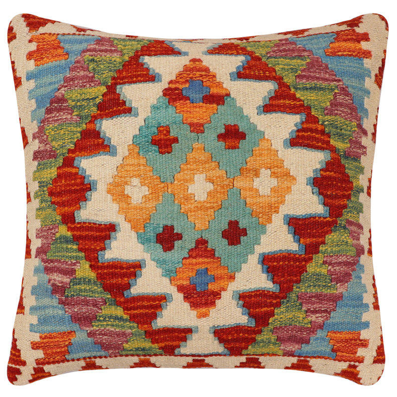 Coussin rustique en kilim tissé à la main Wilkie, Rouille / beige / bleu / vert géométrique 1, H 19 po x l 20 po