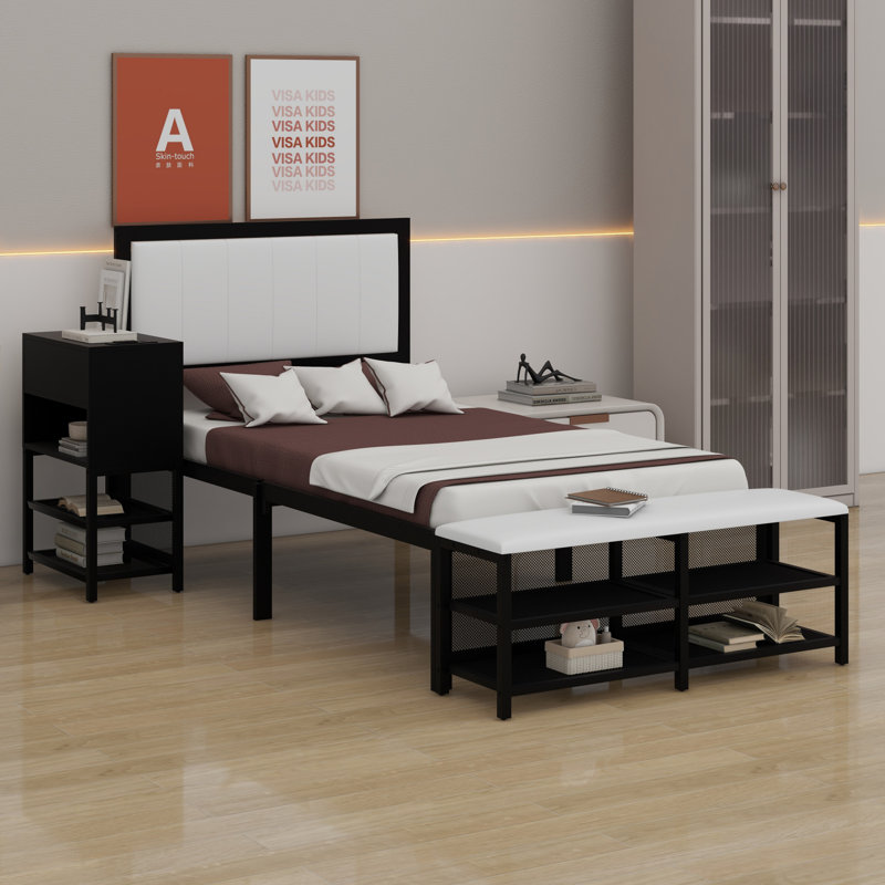 Lit plateforme en métal avec tablettes de rangement à deux niveaux, armoire de rangement en bois, Noir