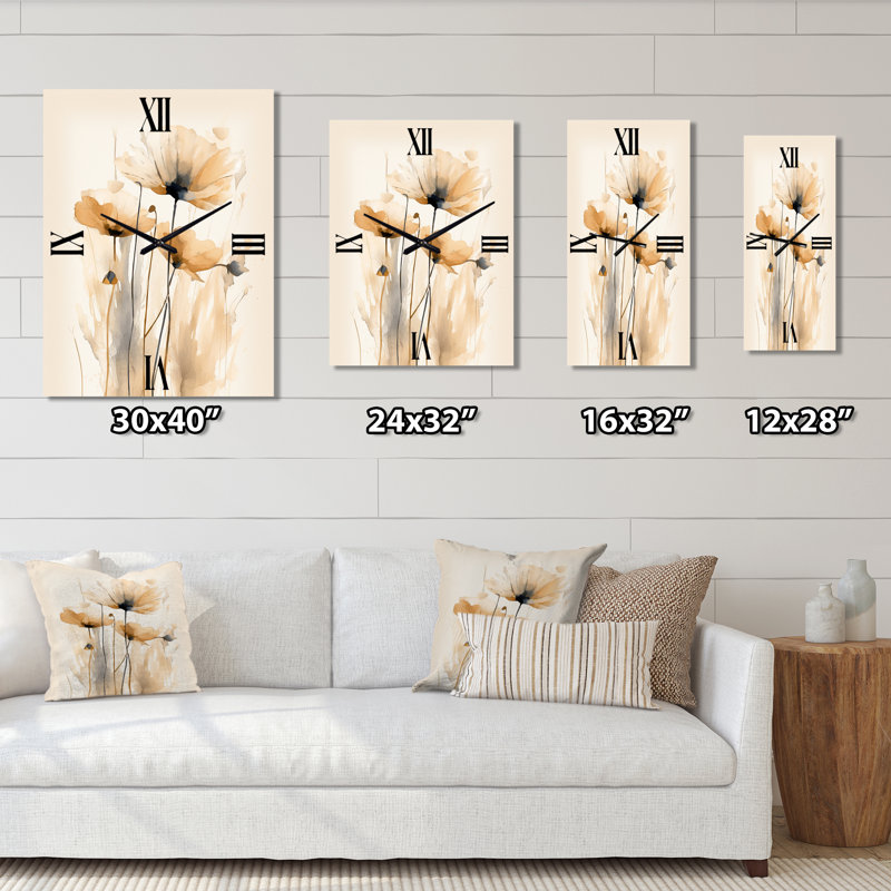 Beige Vibrant Poppies - Horloges murales florales, Très grand