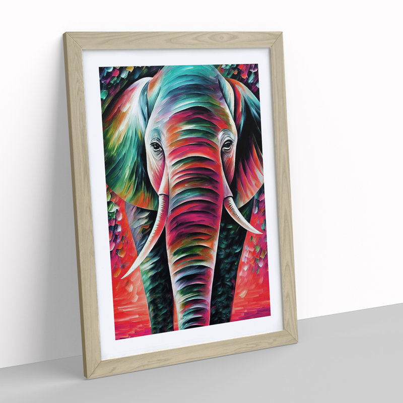 Colourful Elephant No.1 - Wall Art, 36cm H x 27cm W x 2cm D, Oak Framed, White