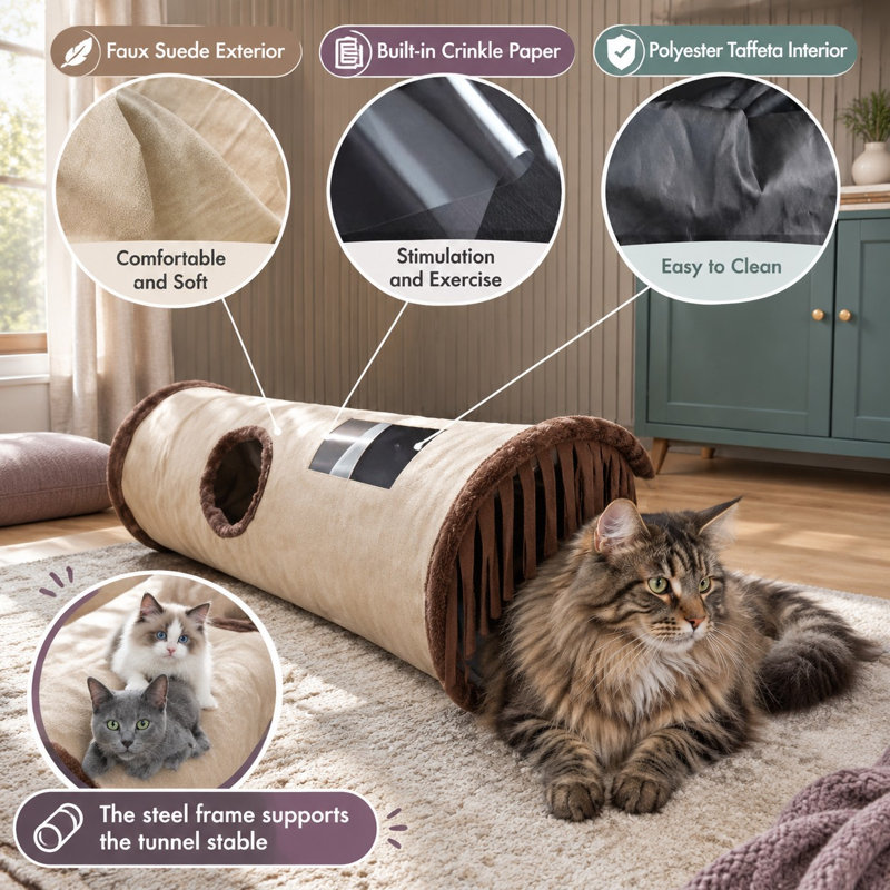 Mesurant 35 pouces de long et 9,7 pouces de diamètre, ce tunnel pour animaux de compagnie en tissu froissé se replie pour le rangement et est fourni avec des jouets pour chats.