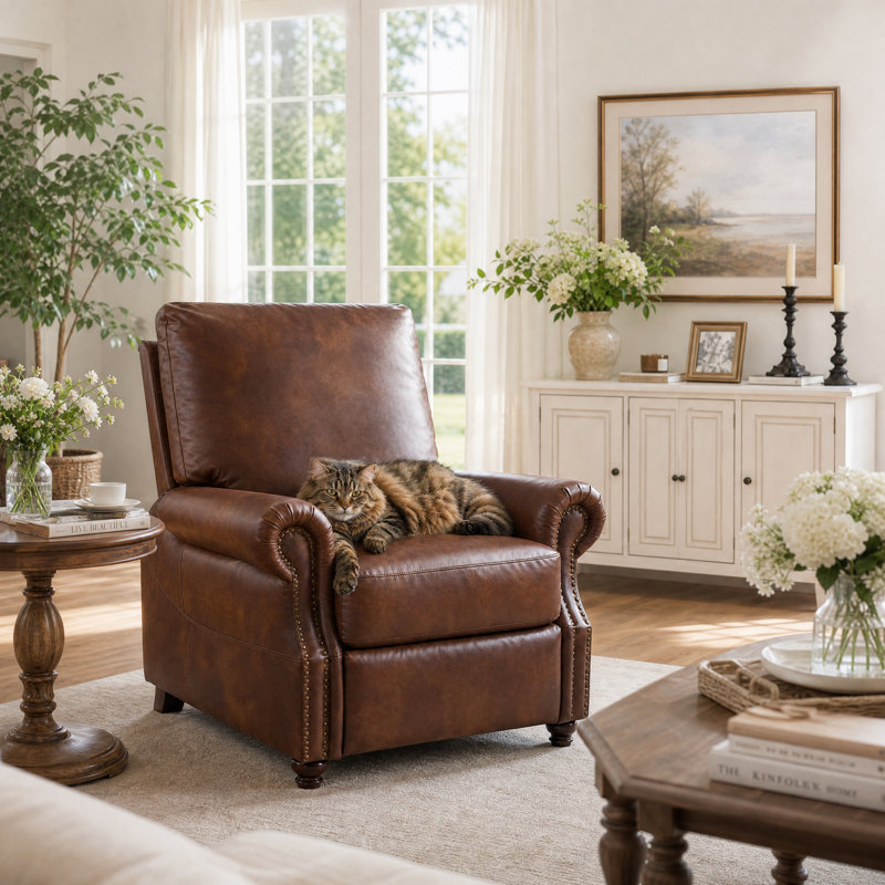Pushback Recliner Chair With Massage And Heat, Breathable Leather, Light Brown