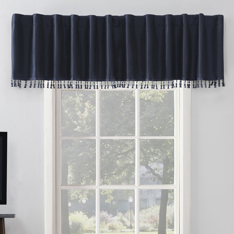 Sun Zero Evelina Faux Dupioni Silk Thermal Extreme 100% Blackout Back Tab Window Valance, Navy