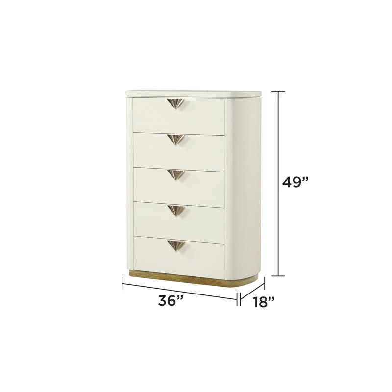 Commode 5 tiroirs de style moderne en bois, miroir à dessus ouvert et accents dorés en beige
