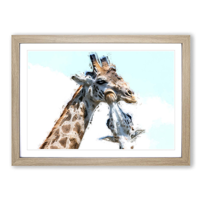 Giraffe with Calf - Picture Frame Painting Print, 62cm H x 87cm W x 2cm D, Oak Framed