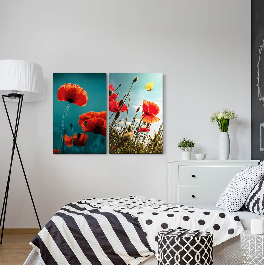 2-tlg. Leinwandbilder-Set - Fotografie „Poppies Summer Meadow Butterfly Summer Heat Relaxing Flora”