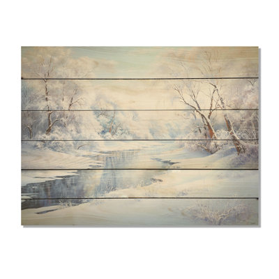 Winter River Snow Charm Landscape IV - Neige, art sur bois de pin naturel