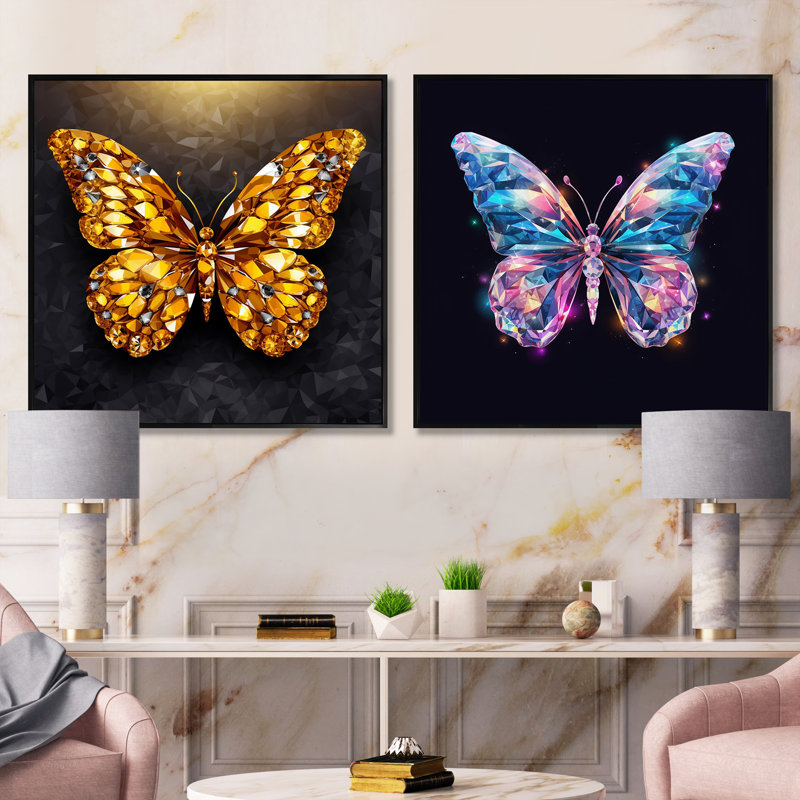 "Papillon rose et or" 2 pièces, Cadre noir, H 16 po x l 33 po