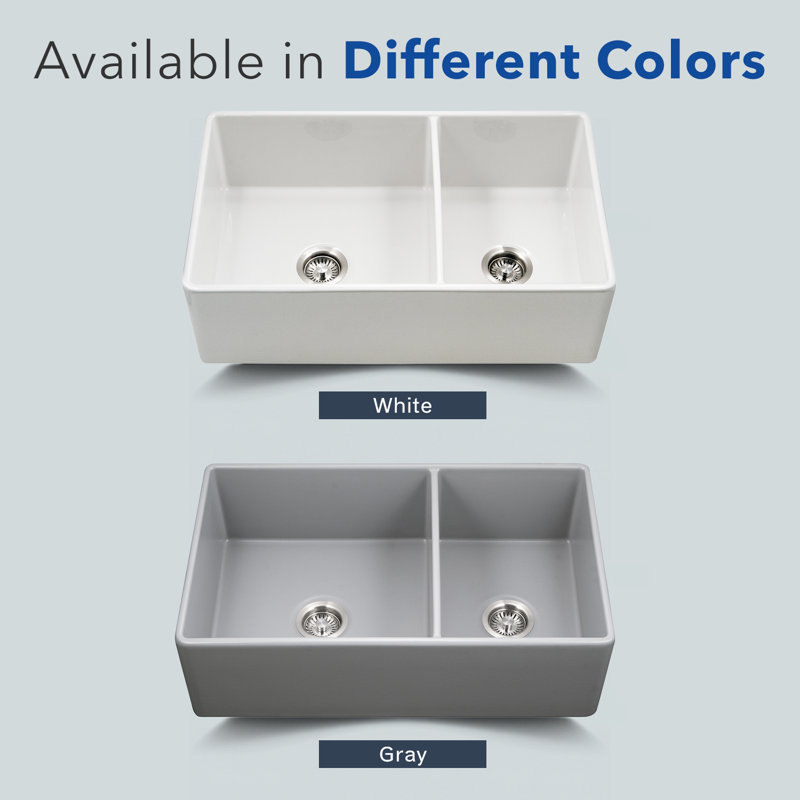 Houzer 33 in Gray Fireclay Apron Front Farmhouse 60/40 Double Small Right Bowl Sink - PTD-6040 GR, White