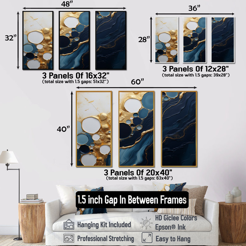 Or et marbre bleu Essence magique I - décoration murale en marbre, H 28 po x l 36 po x P 1 po, Cadre flottant noir