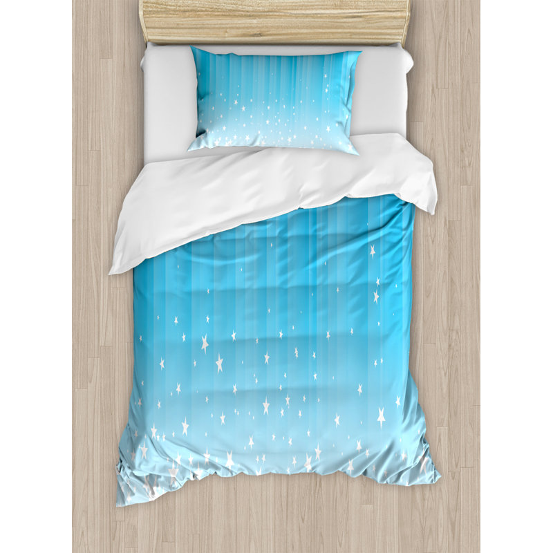 Sky Blue and White Twin Duvet Cover Set with Stars