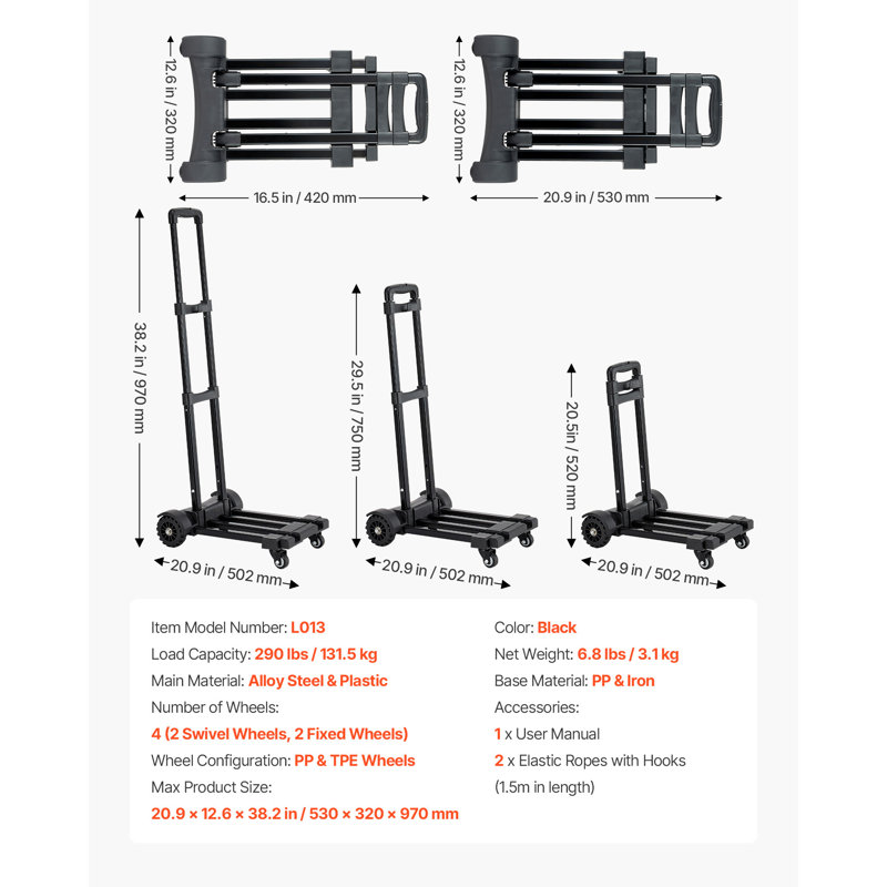 Chariot pliable avec chariot à plateforme de 290 lb