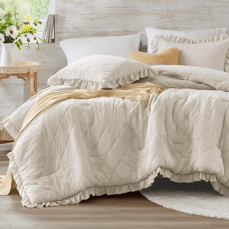 Ensemble de literie Ruffle, Beige, Édredon très grand + 2 taies d'oreiller standard