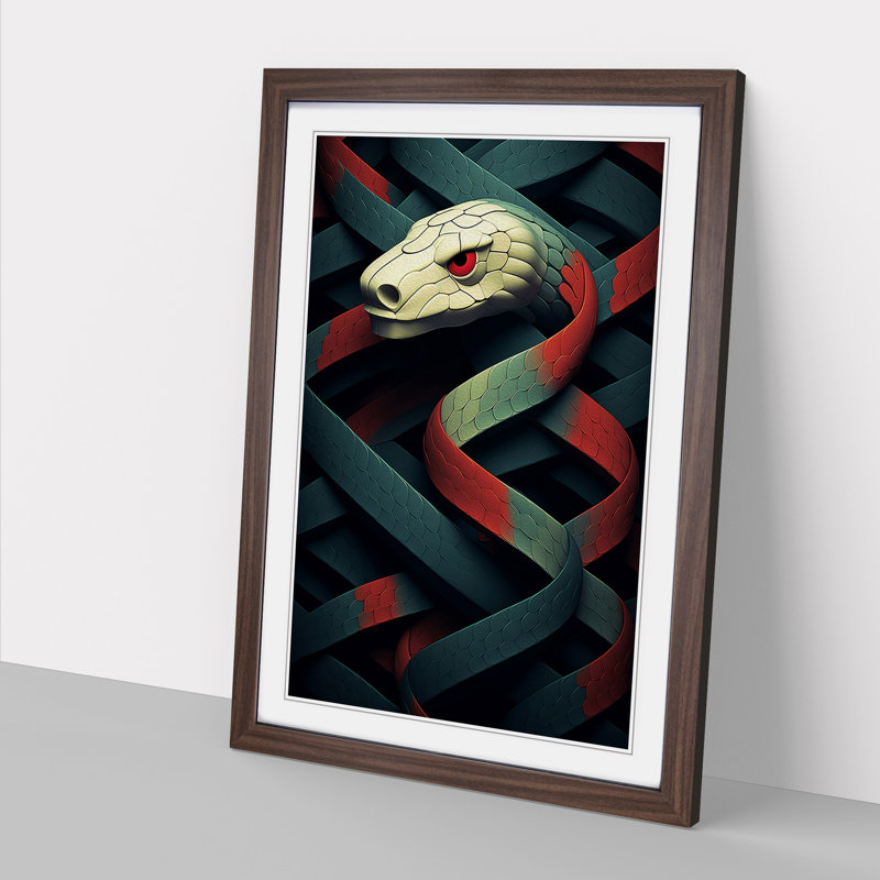 Snake Geometric - Single Picture Frame Print on Wood, 64cm H x 46cm W x 2cm D, Walnut