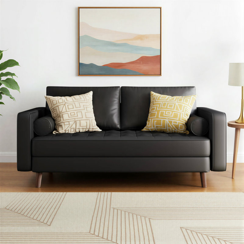Bridgeview Leather Mid Century Modern Upholstered Square Arm Sofa or Loveseat, Black Vegan Leather, 33" H x 70" W x 32" D