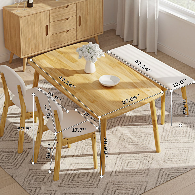 Ensemble de table à manger de 47 po pour 4 personnes, table de cuisine en bois massif avec banc et 2 chaises avec dossier rembourré