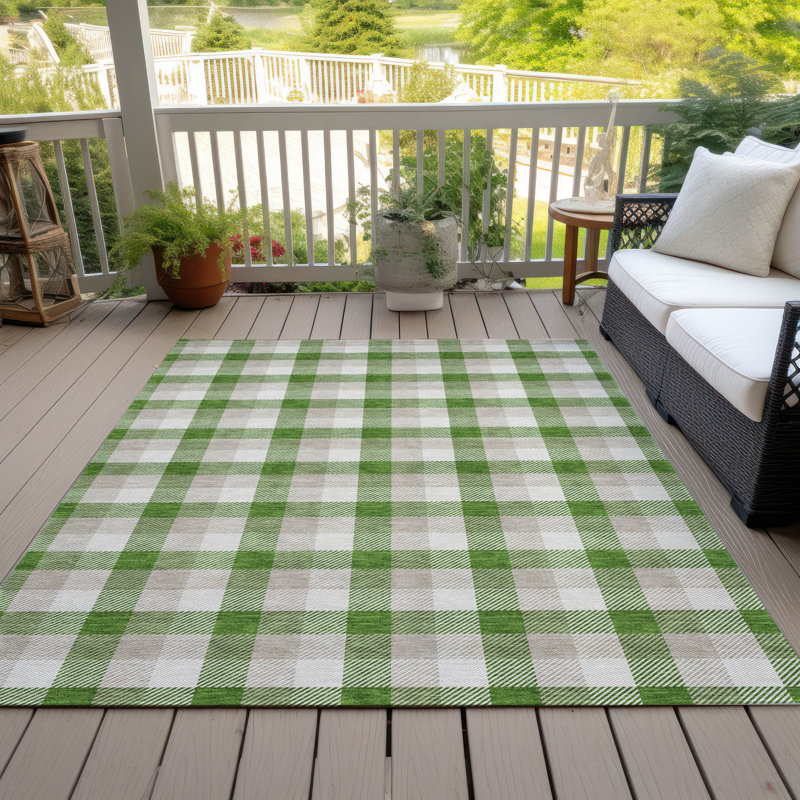 Emerald Green and Beige Plaid Washable Synthetic Area Rug