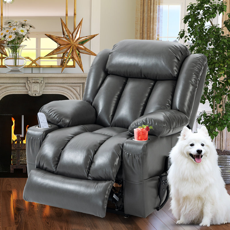 Vayun 39.37" W Oversize Faux Leather Recliner, Flat Lay, Liftable, Massage, Heater, Cup Holders, Dark Gray