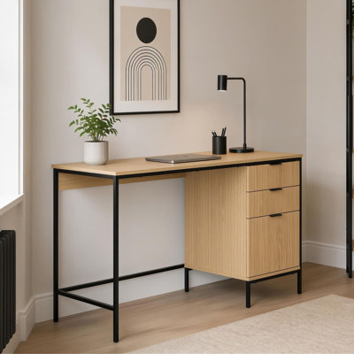 Wisbech 3 Drawer Oak Effect Metal Base Computer Desk