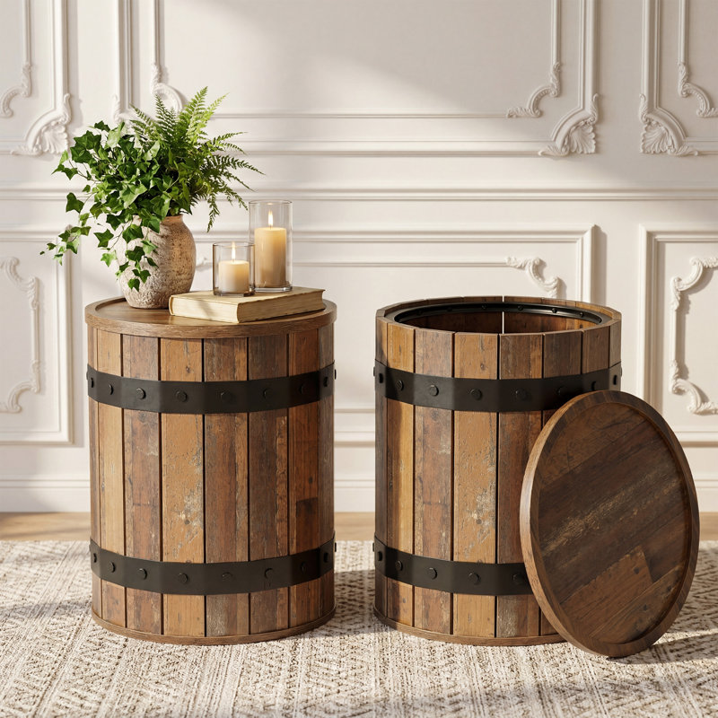 Round Barrel Side Table with Hidden Storage, Brown
