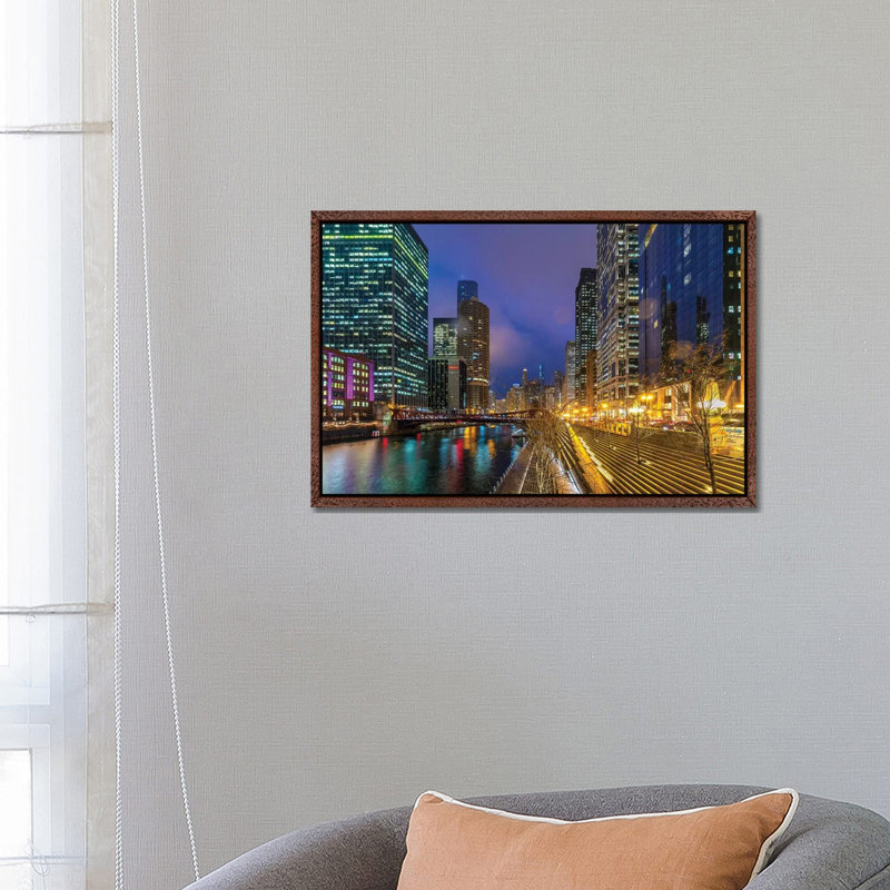 Chicago Lights by Nejdet Duzen - Print on Canvas, Classic Brown Wood Framed, 45.72cm H x 66.04cm W x 3.81cm D