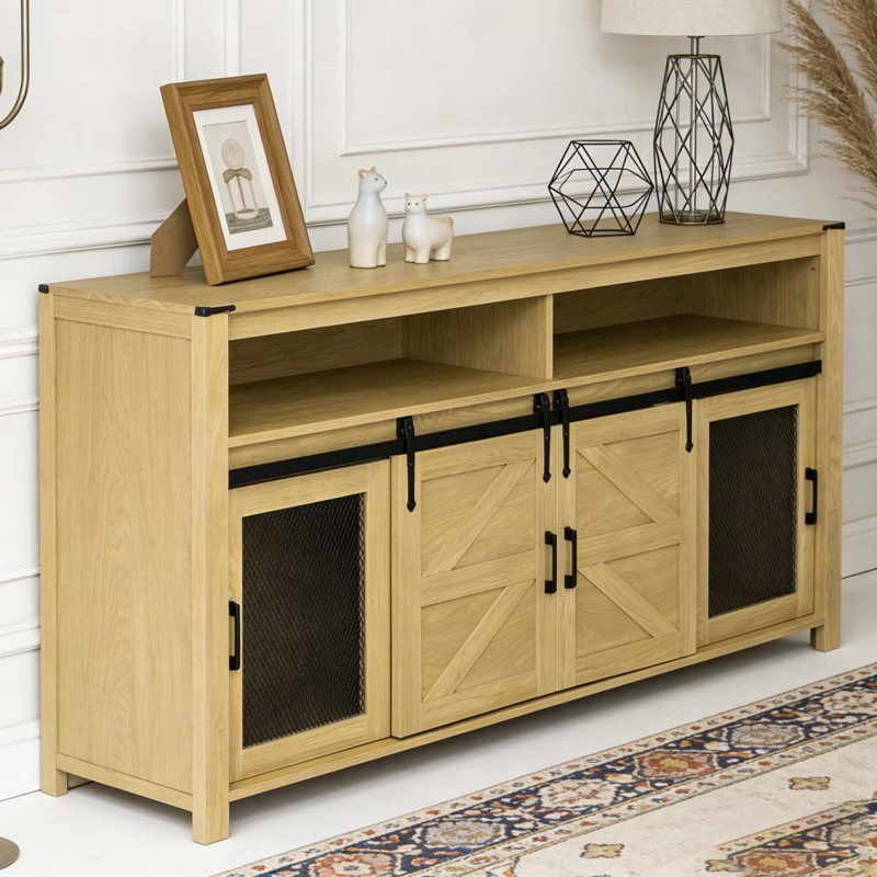 Buffet de ferme avec rangement ouvert 59,3 po avec porte de grange coulissante et panneaux grillagés, Naturel