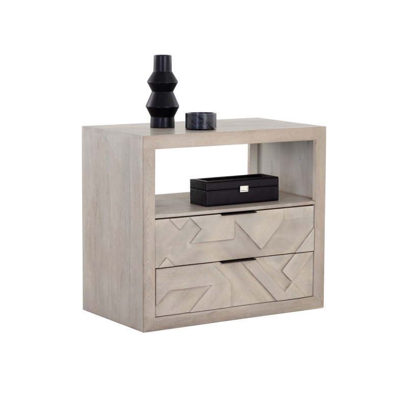 Gray Mango Wood 2-Drawer Nightstand with Open Shelf