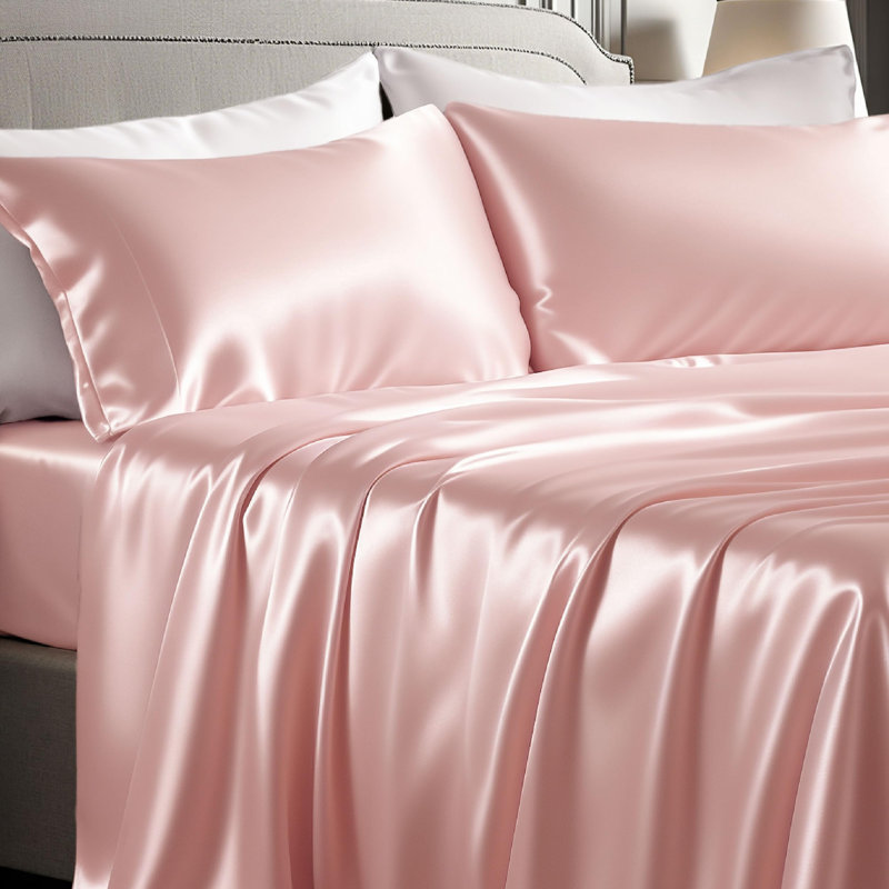 Bedsure Pink Satin Sheet Set Queen Size - 4 Piece Silky Bedsheets with 15" Deep Pocket (Queen, Peach Pink), Queen