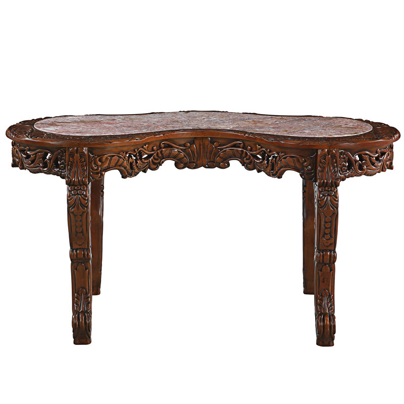 Hand-Carved Brown Wood Executive Desk with Marble Top