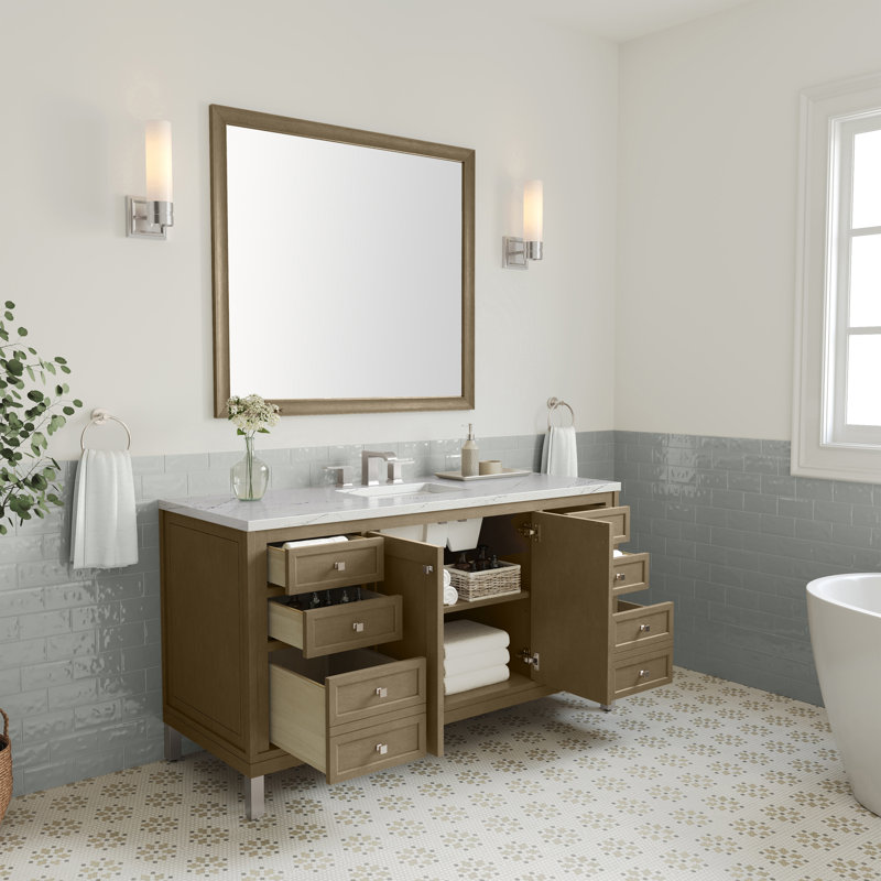 Chicago 60"W Single Vanity W/ Freepower Wireless Charger, Walnut Whisper, Ethereal Noctis