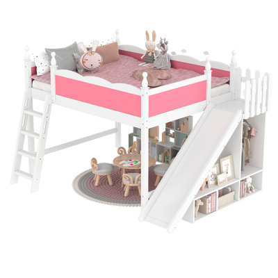 Queen Loft Bed with Storage Shelves and Wardrobe, Solid Wood Loft Beds with Detachable Slide and Ladders, No Spring Box Needed,Pink and White.(Patent Protection)