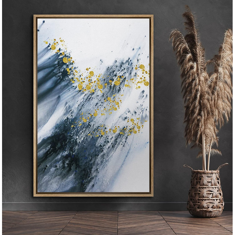Coups de peinture bleue et formes géométriques à pois dorés - reproduction de cadre flottant sur toile