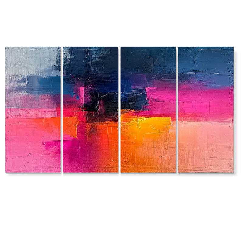 Fuchsia Sunrise - Art mural abstrait pour le salon, 4 pièces, H 28 po x l 48 po