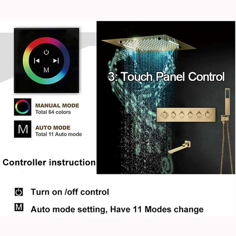 Pordenone Touch Panel controlled Thermostatic Musical Recessed Ceiling Mount Rainfall Mist Waterfall Shower System with Jetted Body Sprays and Hand Shower
