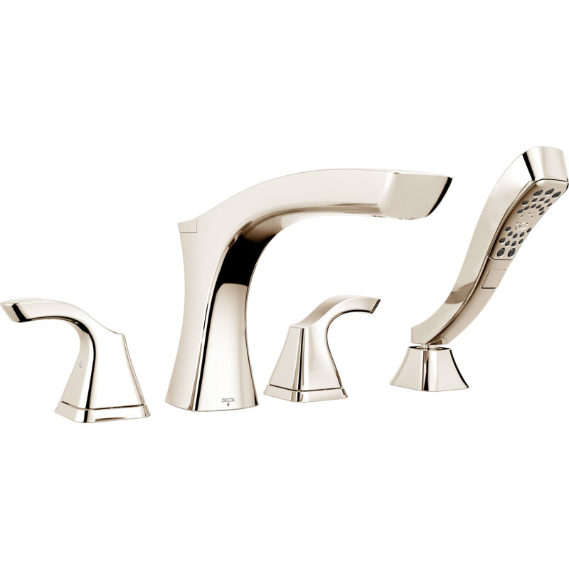 Teslaâ® Double Handle Deck Mounted Roman Tub Faucet Trim with Handshower, Brilliance Polished Nickel