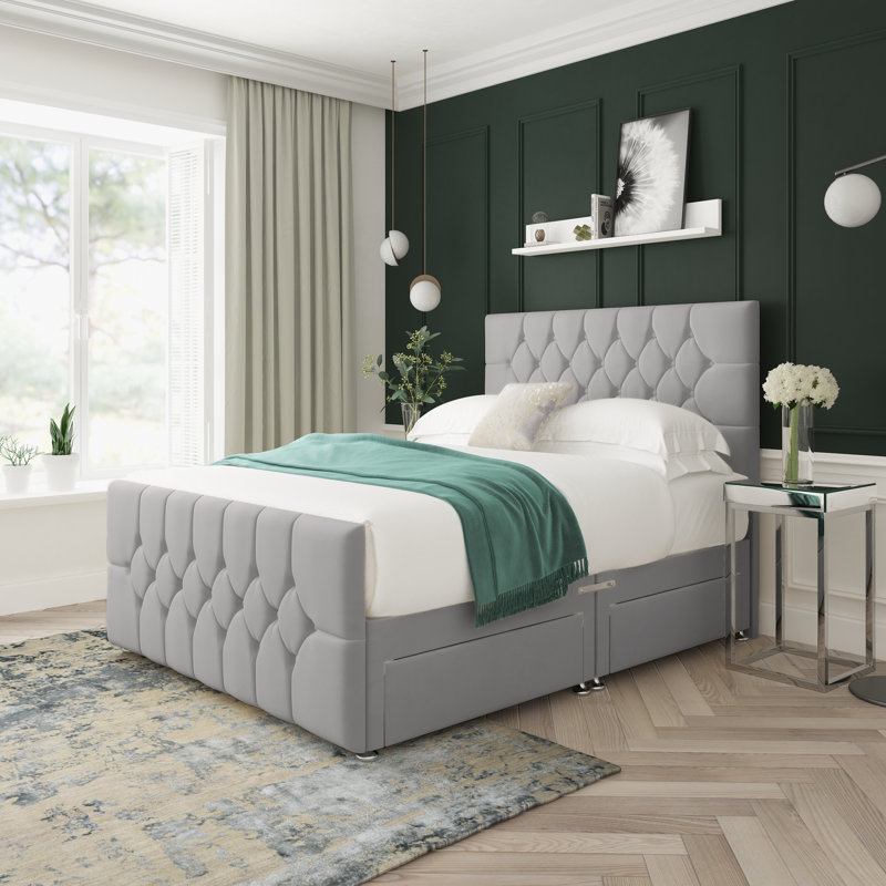 Upholstered Divan Bed, Small Double (4'), Grey, 4 Drawers