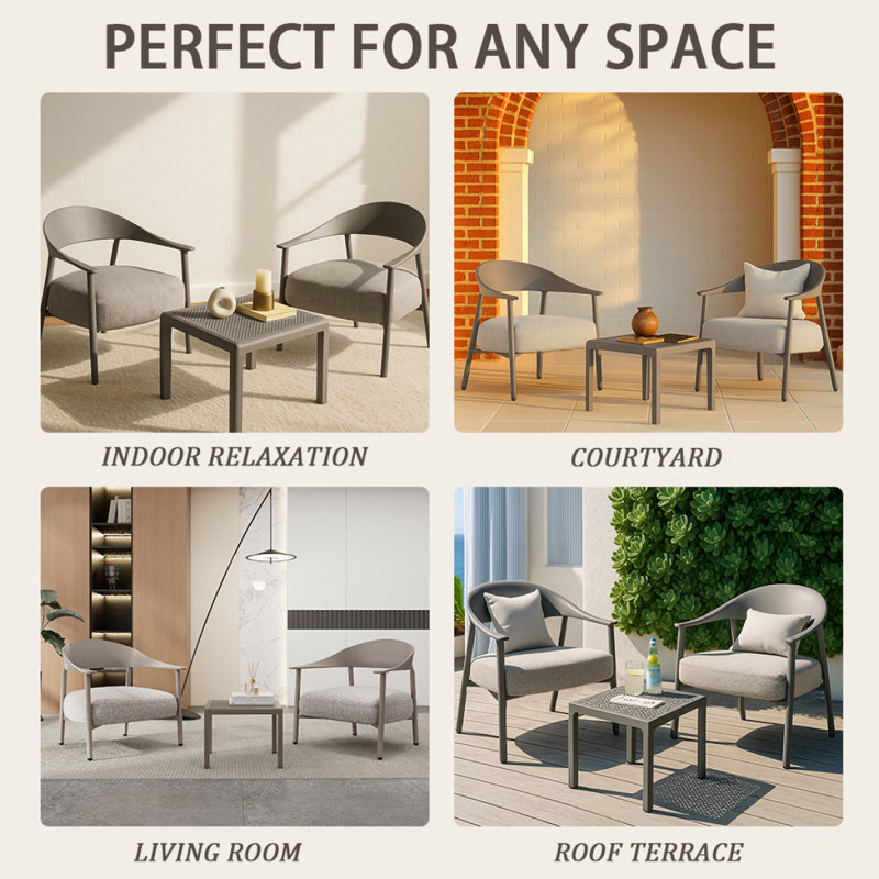 Ensemble de chaises d'appoint modernes 2 pièces avec table basse - Ensemble de canapé en PP et cadre en acier gris chaud, sièges rembourrés pour le salon, le salon et le balcon (2 chaises + 1 table)