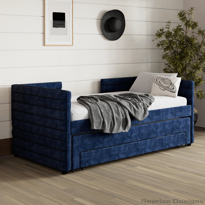 Space-Saving Chenille Upholstered Daybed with Trundle and 3 Storage Drawers, Dark Blue