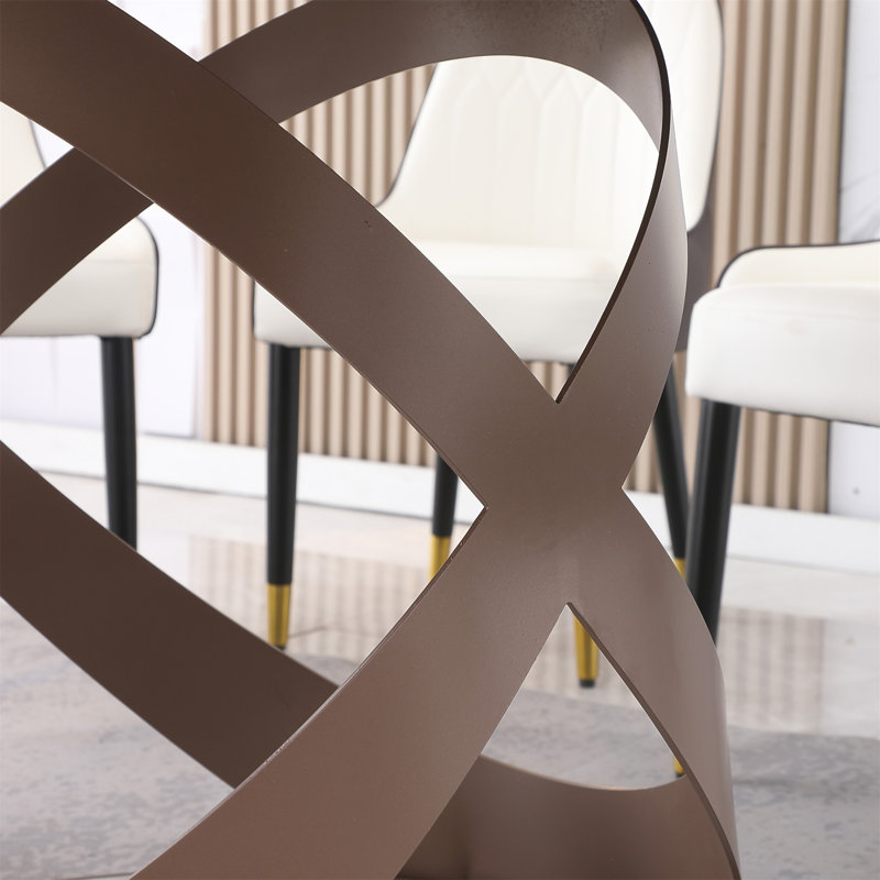 Table de salle à manger moderne en pierre frittée de 59,05 po avec plateau tournant rond de 31,5 po et piédestal exquis en métal avec chaises de 6 pièces.