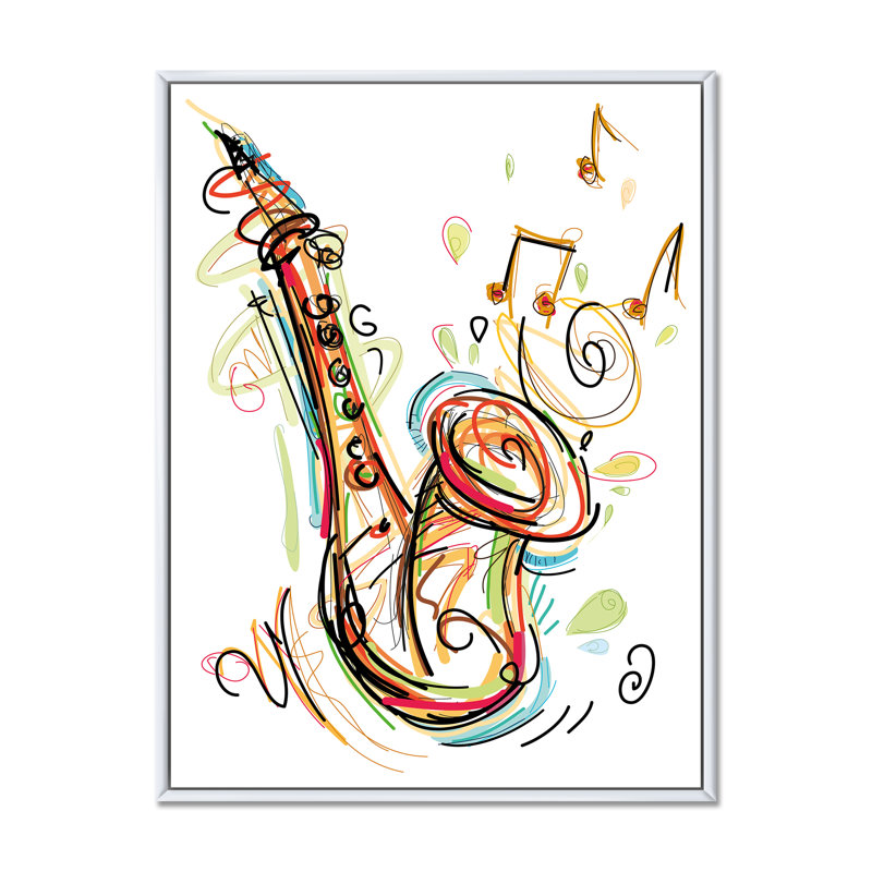 Musique, saxophone, dessin abstrait II - peinture, H 36 po x l 24 po x P 1 po, Cadre flottant blanc