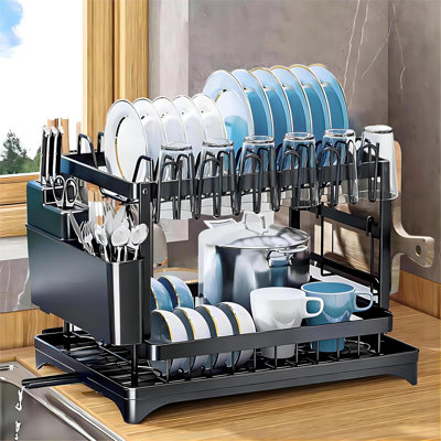 2-Tier Dish Drying Rack With Utensil Holder, Drain Board And Cup Organizer - Space Saving, Rustproof Black Kitchen Countertop Organizer